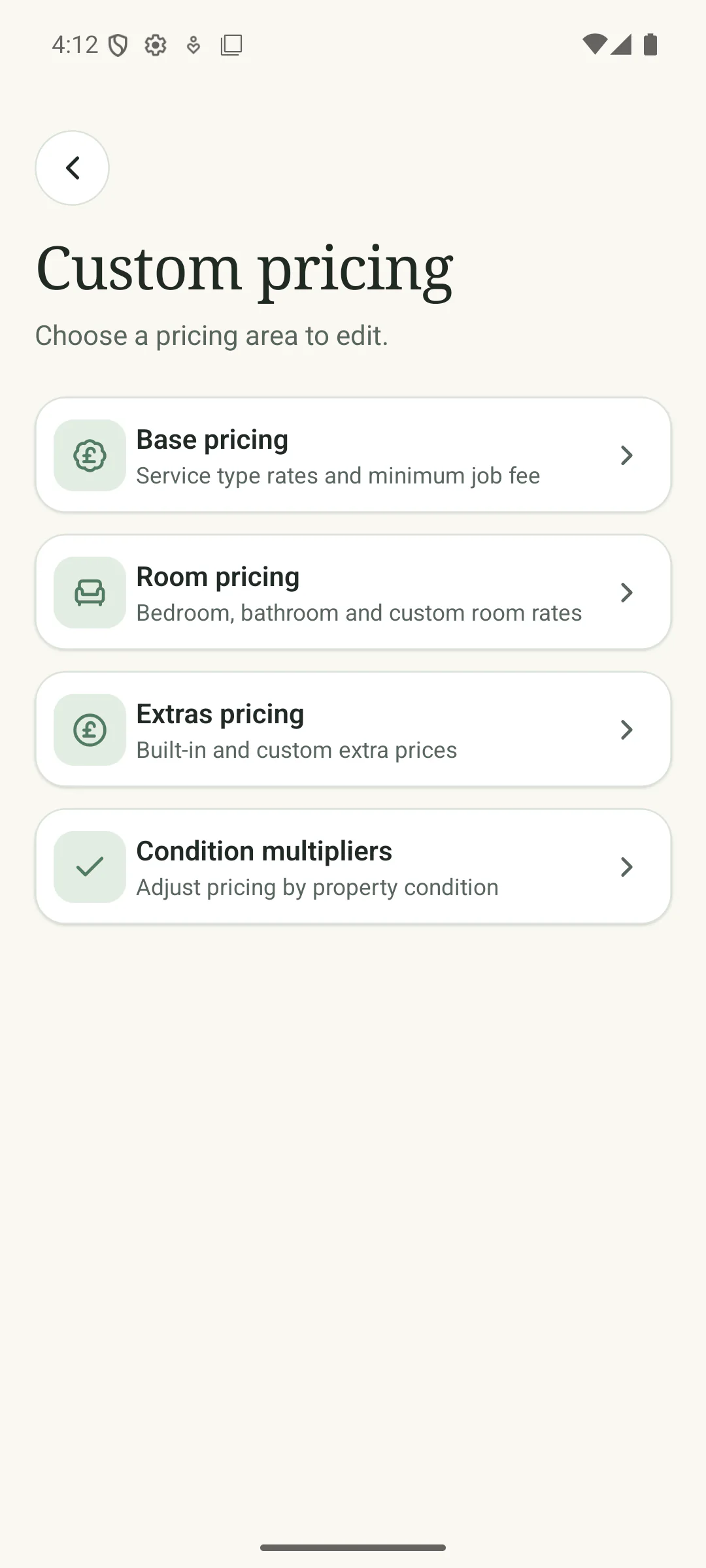 Cleaner Quote Calculator custom pricing screen listing base, room, extras and condition pricing areas.