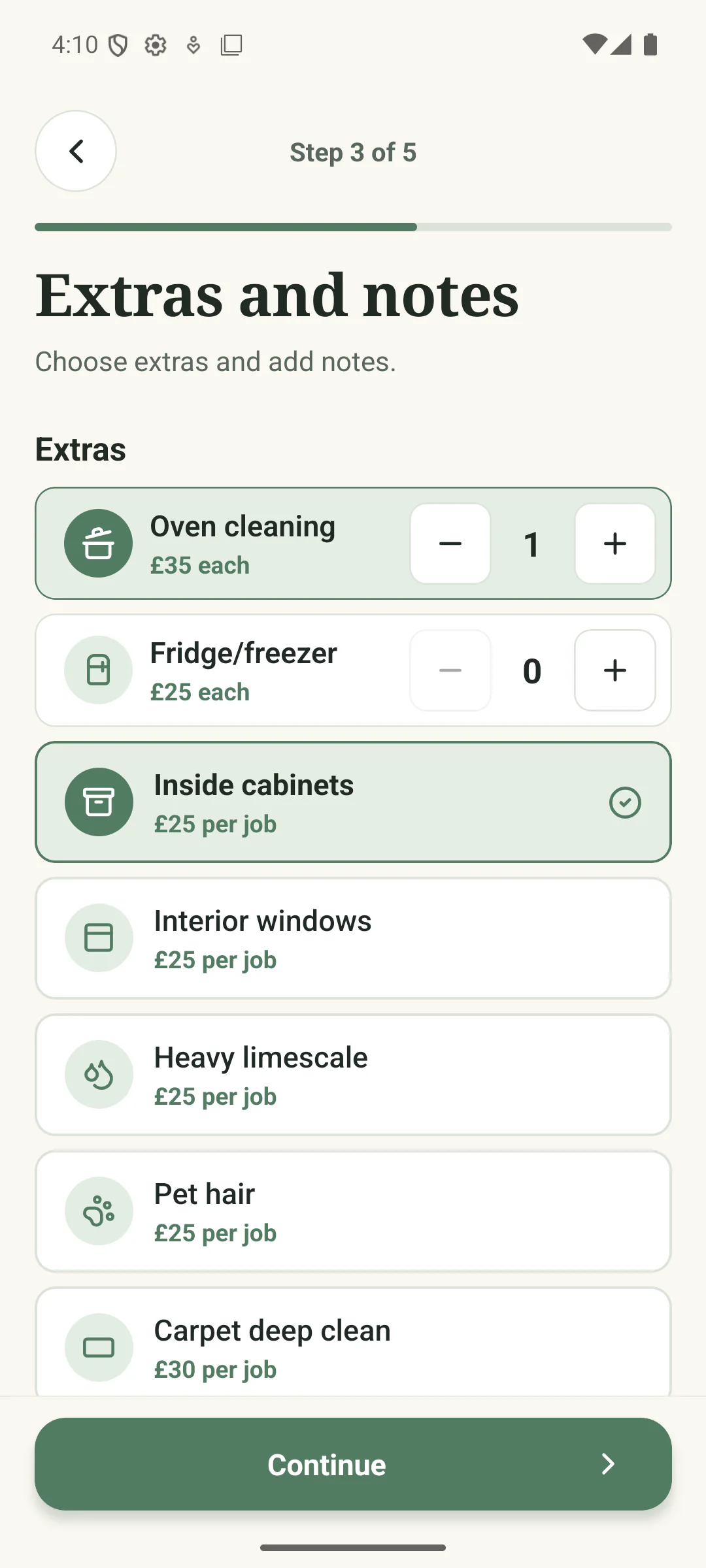Cleaner Quote Calculator extras screen with oven cleaning and inside cabinets selected.