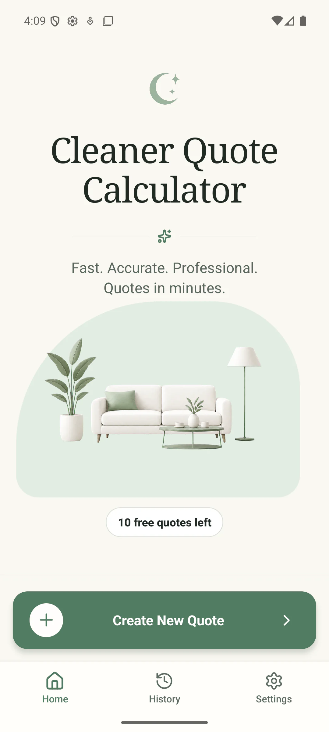Cleaner Quote Calculator home screen on Android with the Create New Quote action and free quote allowance.
