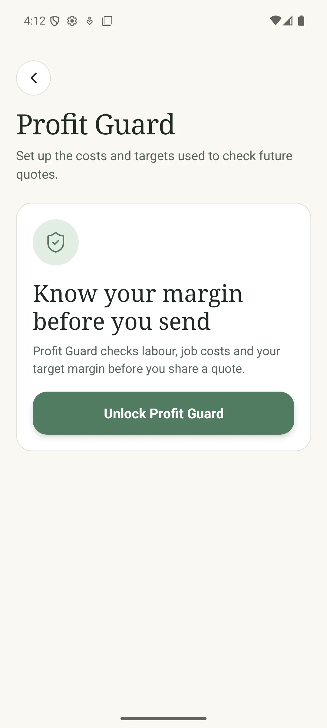 Cleaner Quote Calculator Profit Guard introduction screen explaining local cost and margin checks.