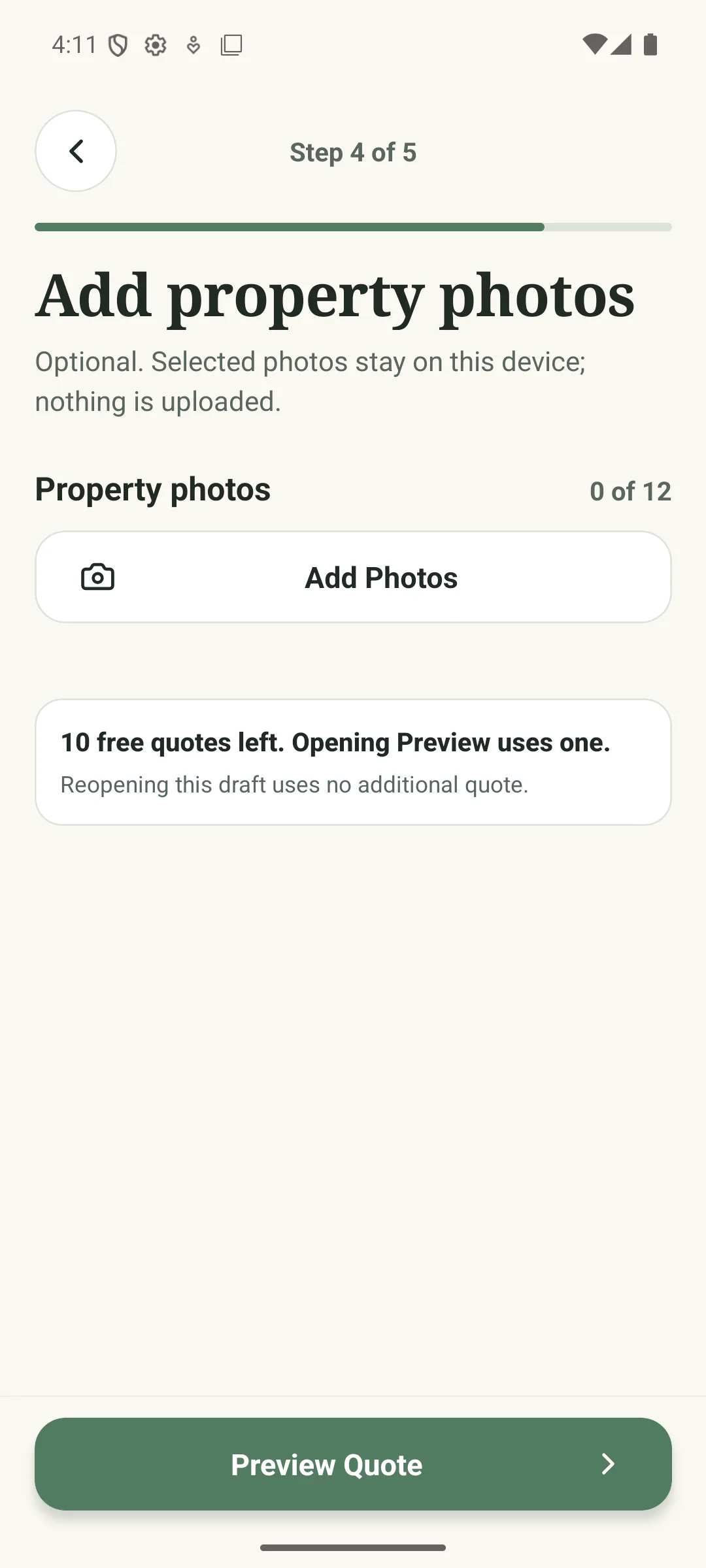 Cleaner Quote Calculator property photos step on Android with no photos selected.