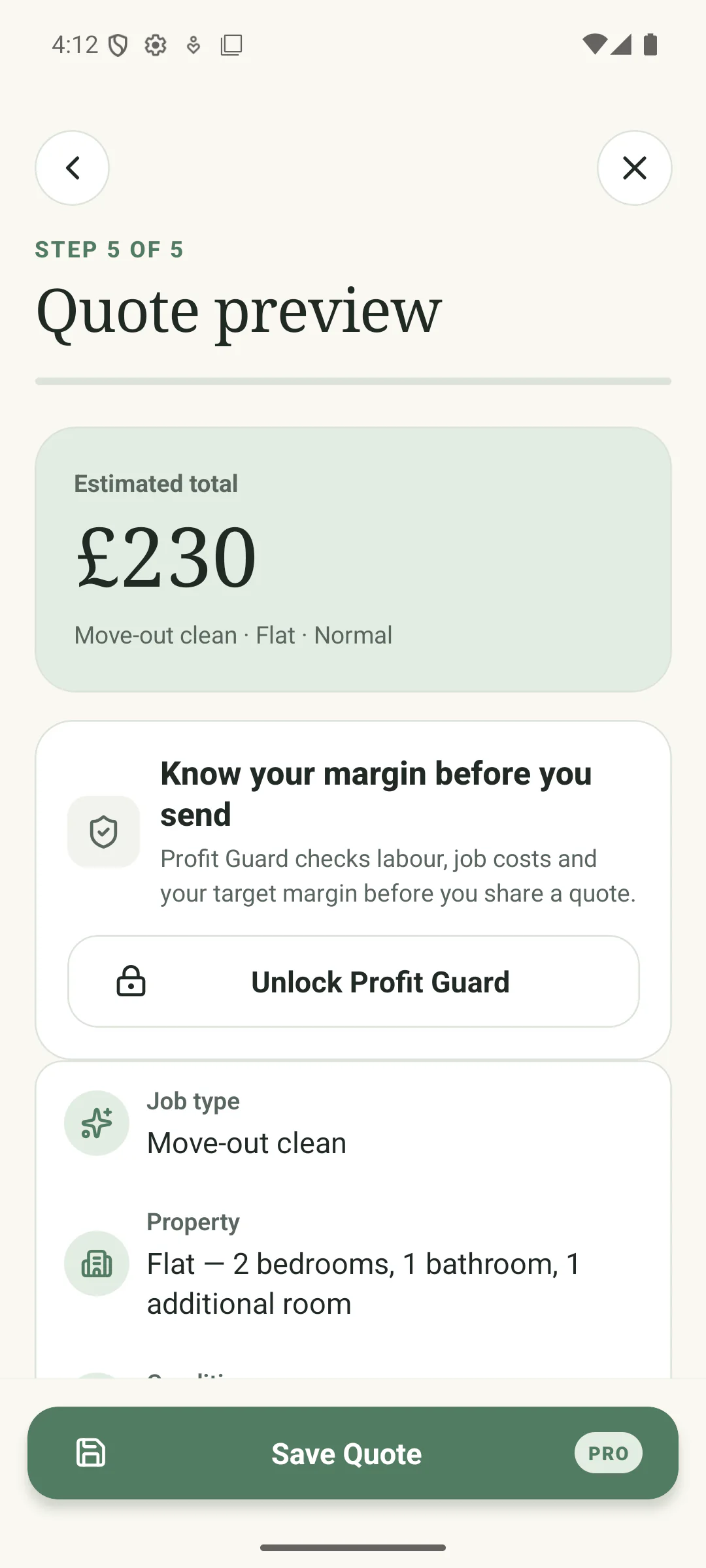 Cleaner Quote Calculator quote preview showing a £230 estimate for a normal move-out clean of a flat.