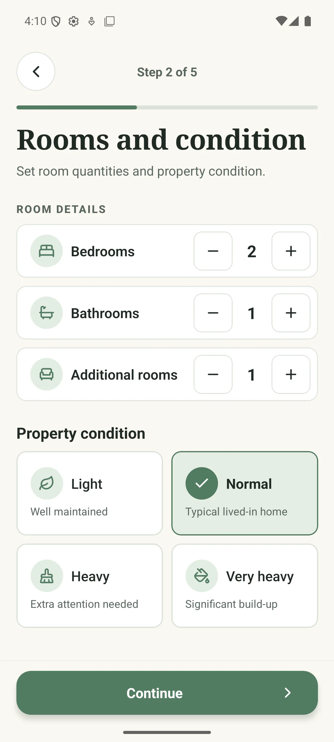 Cleaner Quote Calculator rooms and condition screen showing two bedrooms, one bathroom, one additional room and Normal condition.