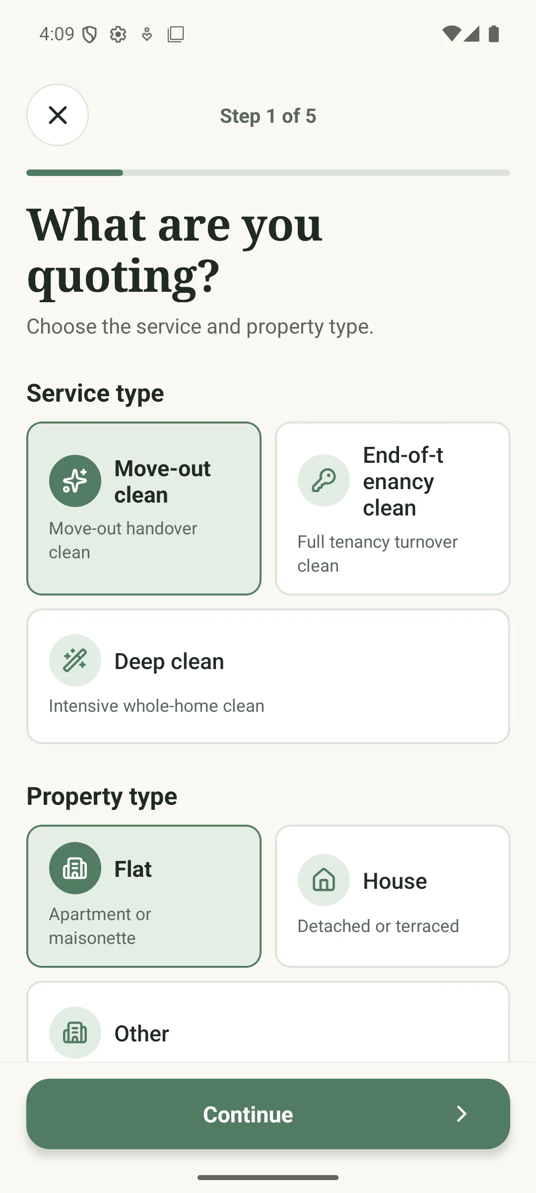 Cleaner Quote Calculator job setup screen with Move-out clean and Flat selected.