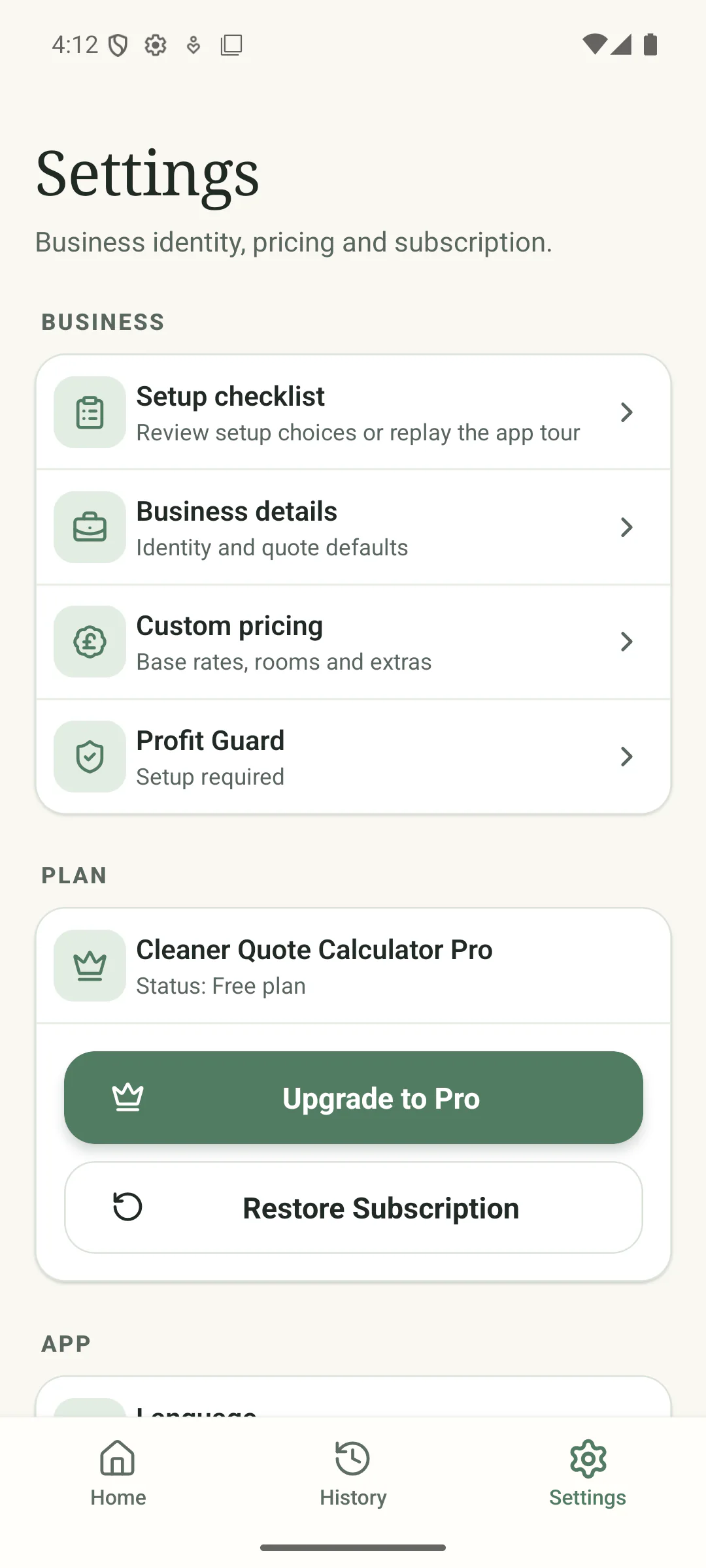 Cleaner Quote Calculator settings screen with business, pricing, Profit Guard and subscription sections.