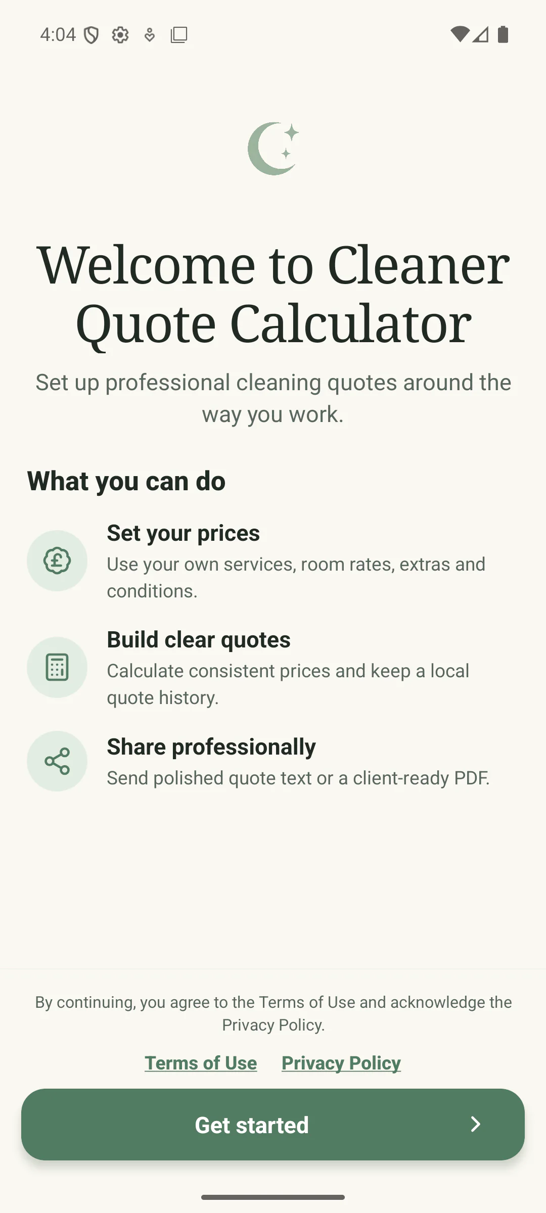 Cleaner Quote Calculator welcome screen on Android with an overview of pricing, quote creation and PDF sharing.